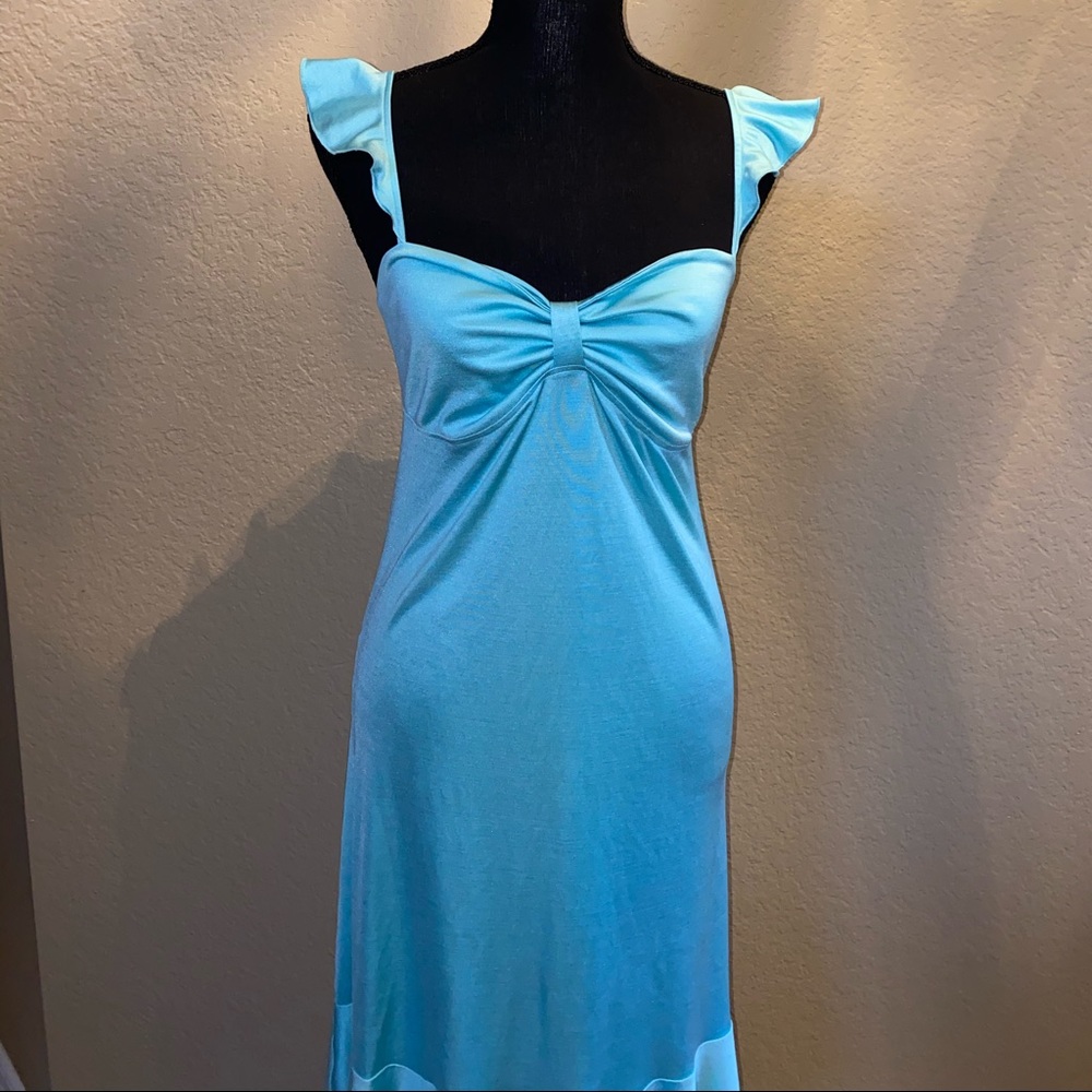 New blue silk ruffle straps dress